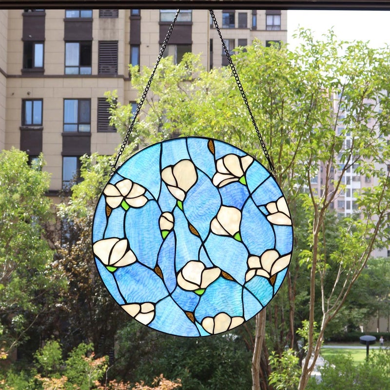 Bieye W10063 Magnolia Flower Tiffany Style Stained Glass Window Panel with Chain, Round Shape, 16-inch Wide - Image 5
